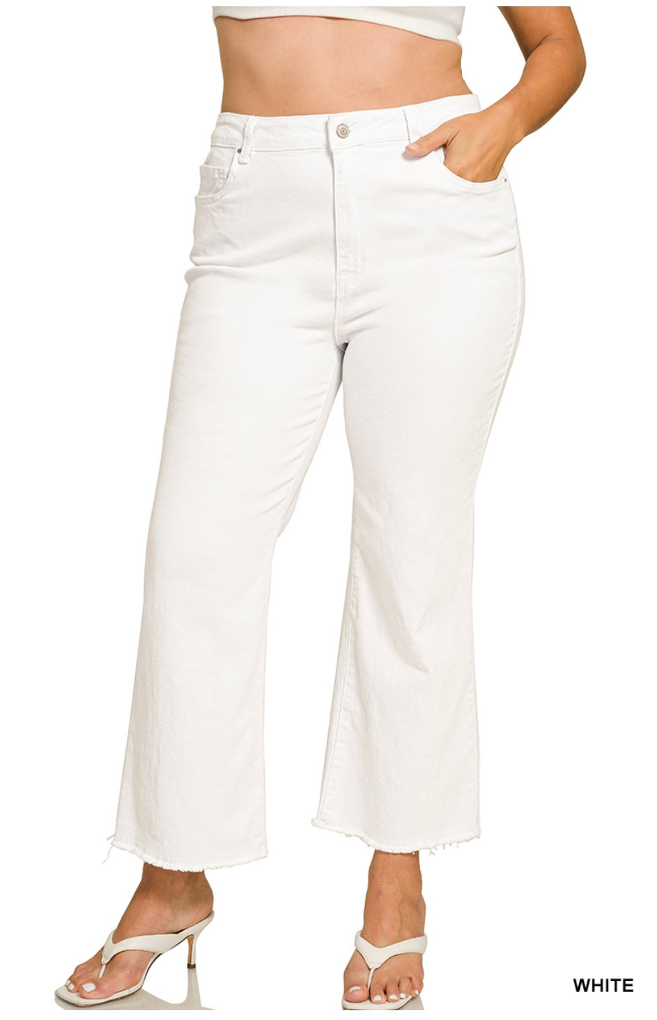 Plus Acid Washed High Waist Frayed Hem Bootcut Pants-White