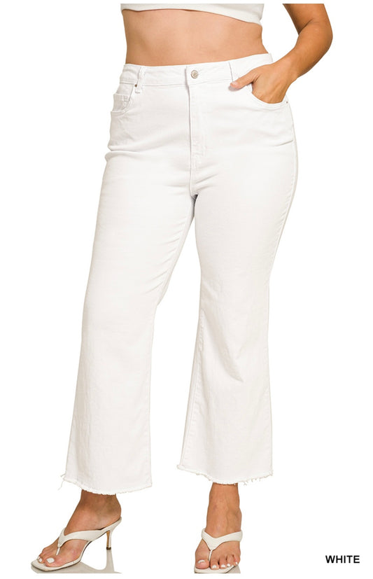 Plus Acid Washed High Waist Frayed Hem Bootcut Pants-White