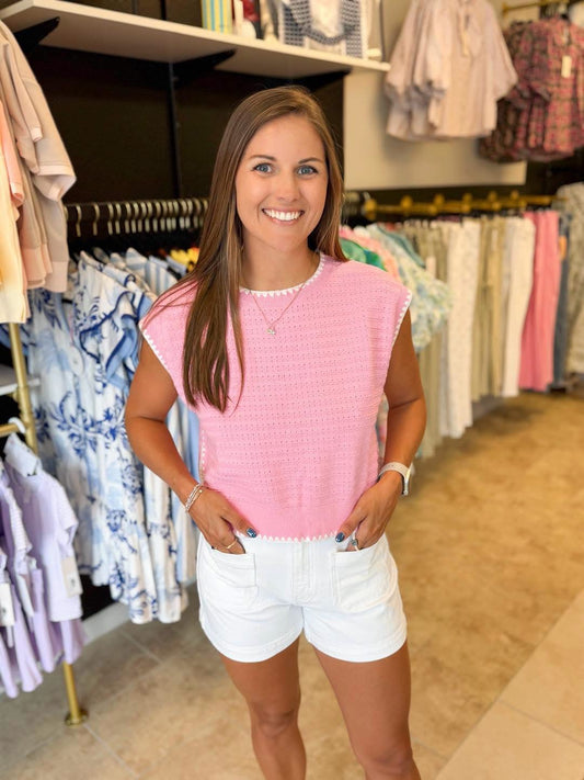 Sleeveless Textured Knit Top W/ Edge Stitch