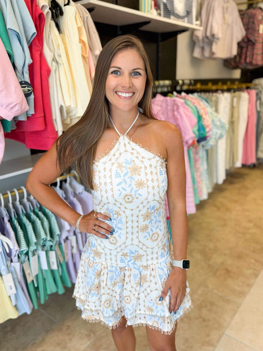 Embroidered Mini Dress with Halter Neck