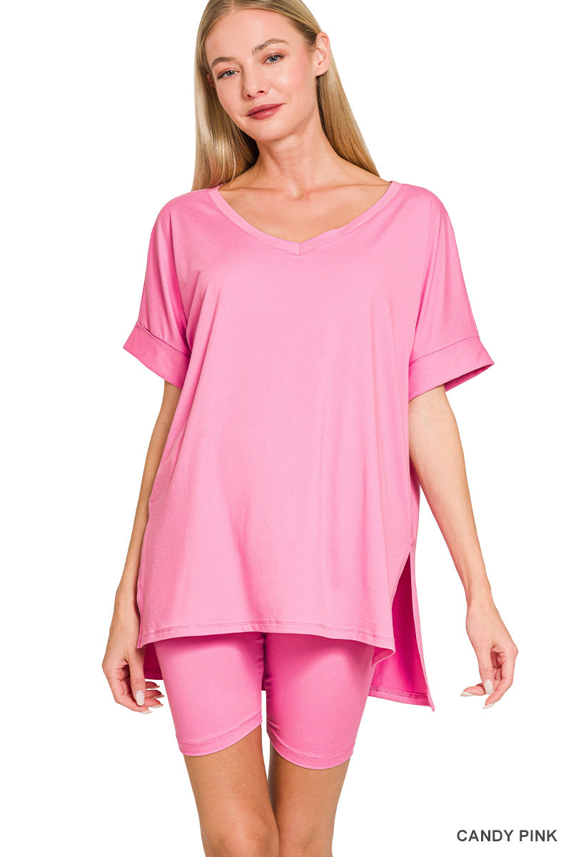 Brushed  Microfiber V-Neck Top & Biker Shorts