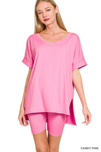 Brushed  Microfiber V-Neck Top & Biker Shorts