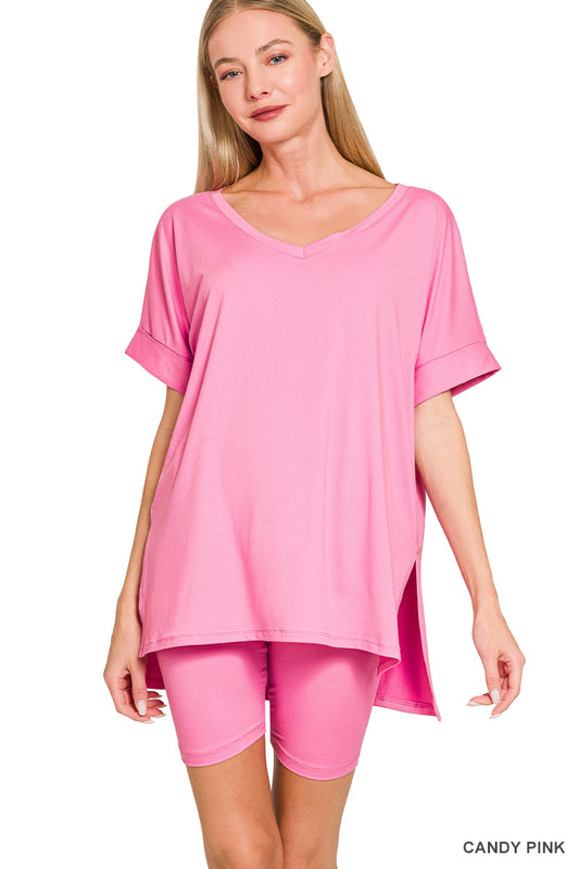 Brushed  Microfiber V-Neck Top & Biker Shorts