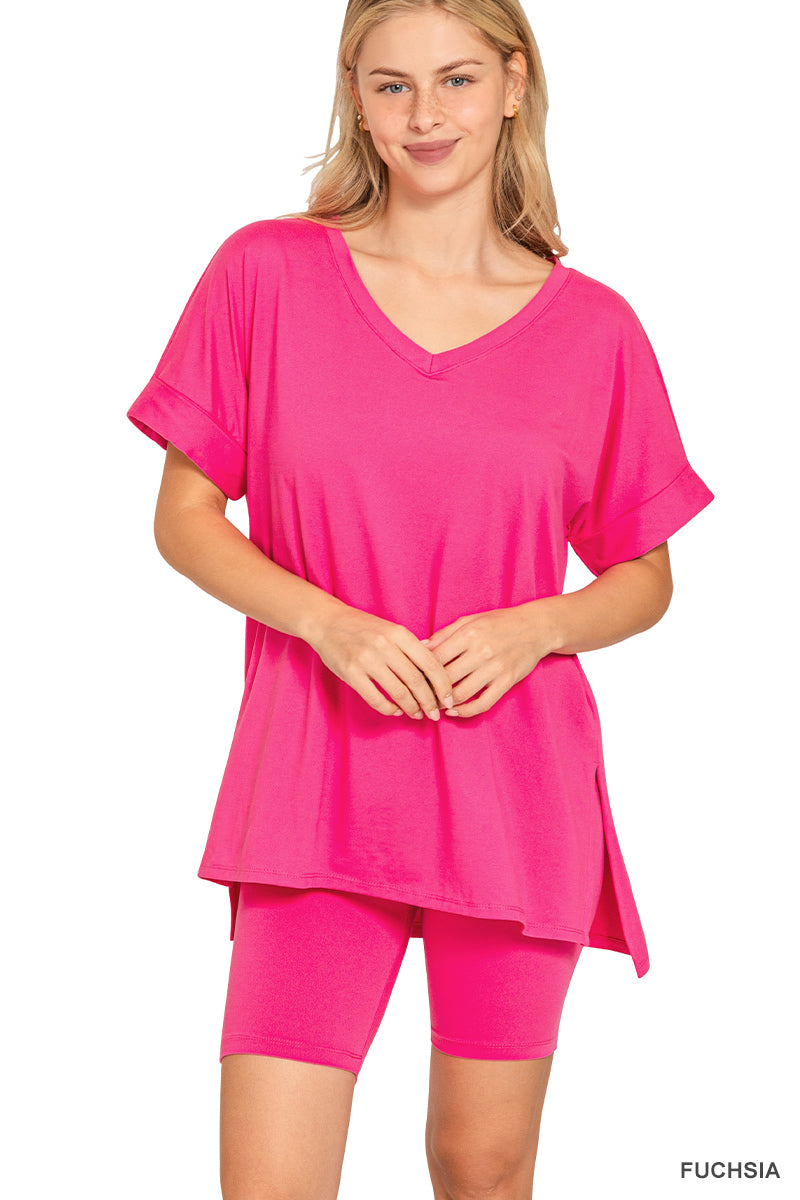 Brushed  Microfiber V-Neck Top & Biker Shorts