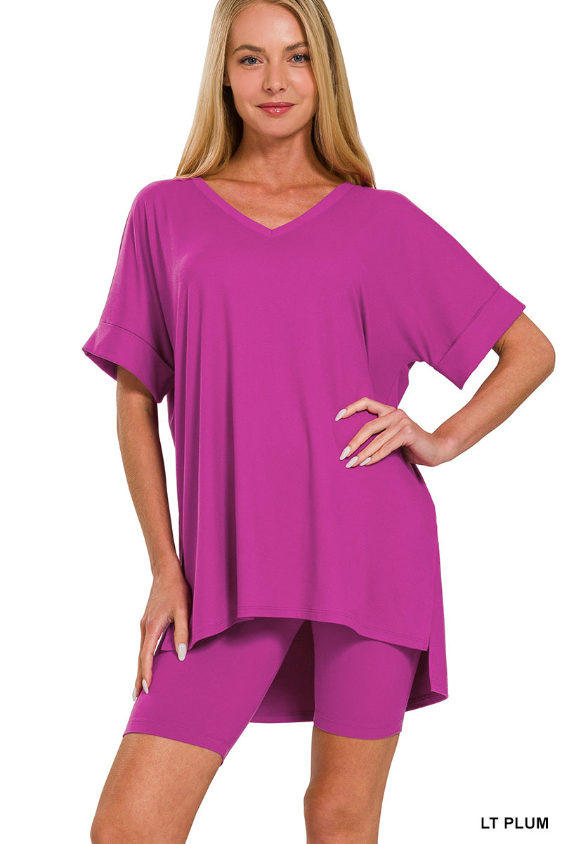 Brushed  Microfiber V-Neck Top & Biker Shorts