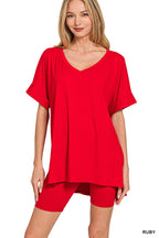 Brushed  Microfiber V-Neck Top & Biker Shorts