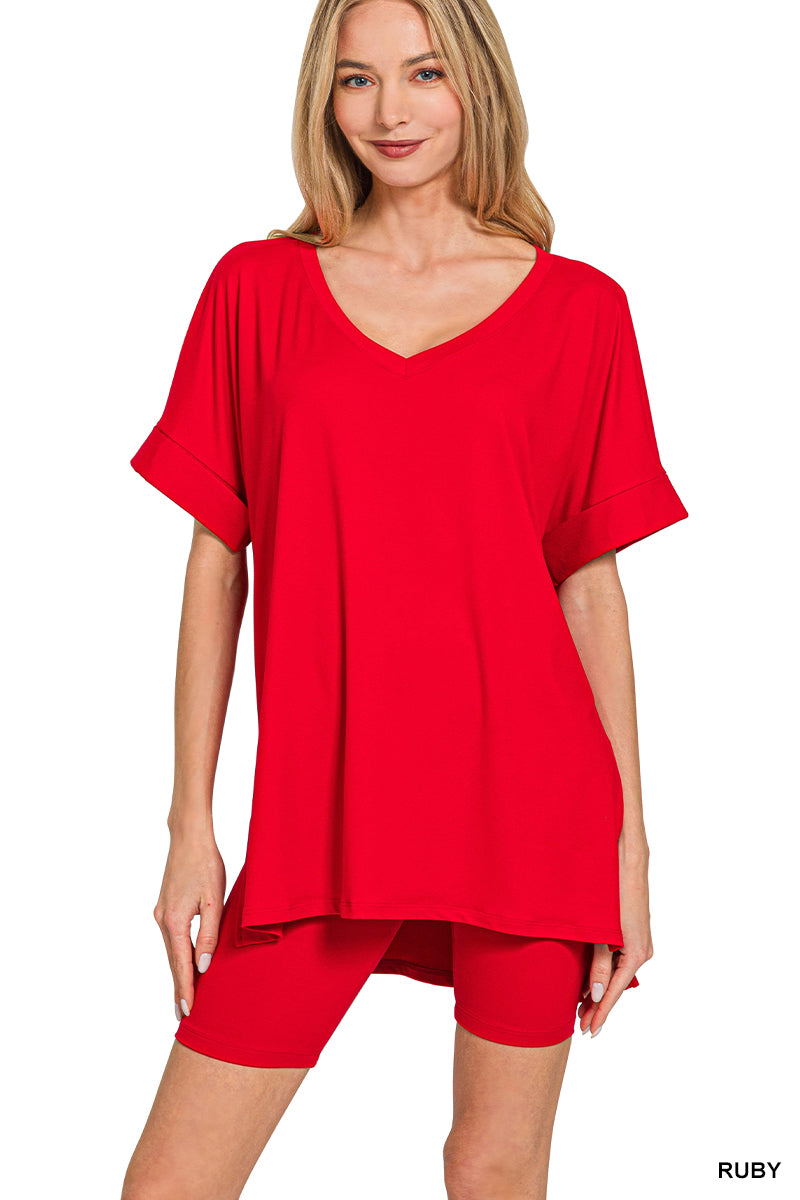 Brushed  Microfiber V-Neck Top & Biker Shorts