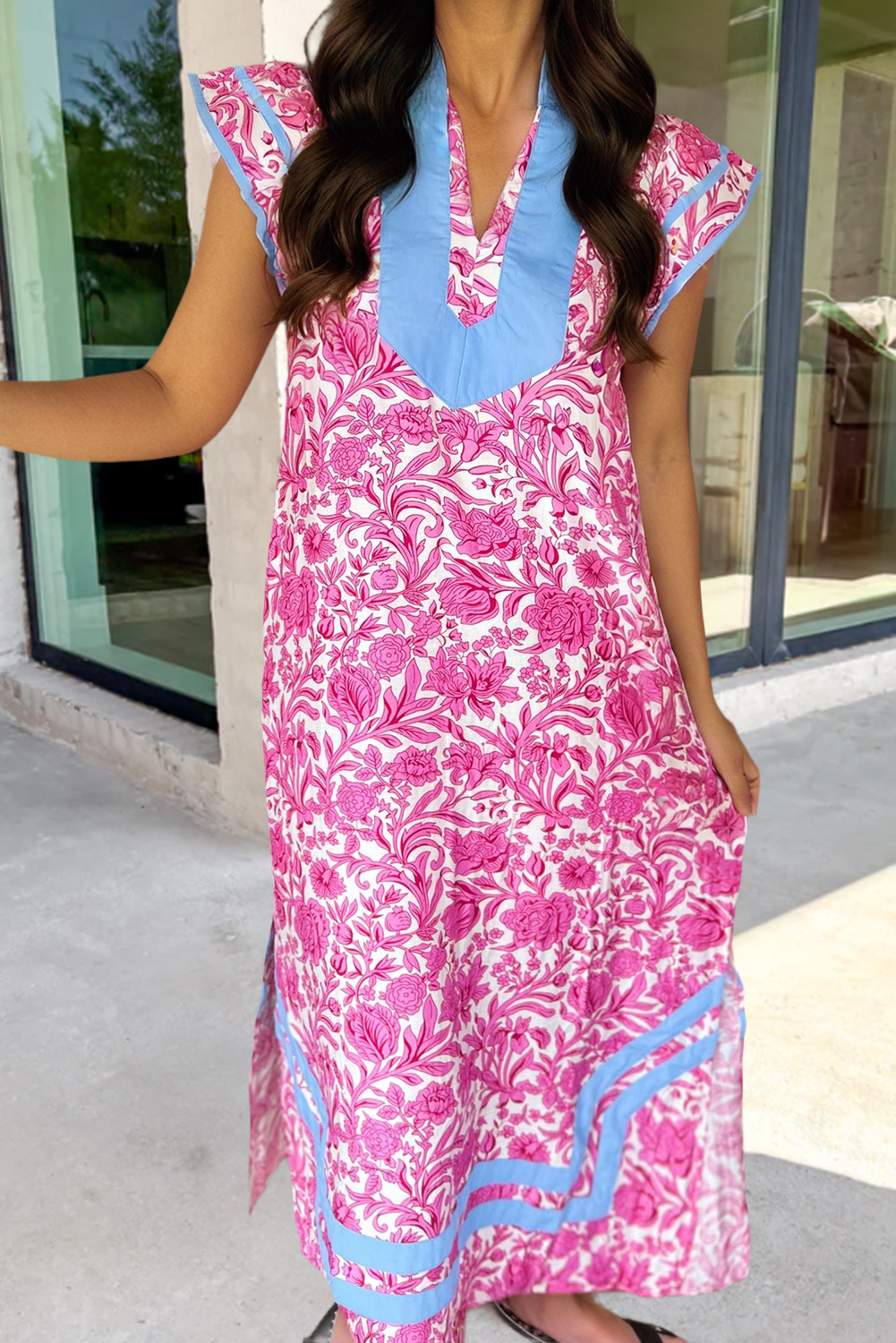 Pink V Neck Short Sleeve Midi Dress