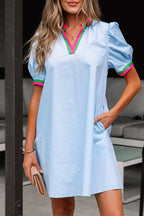 Contrast Striped V Neck Puff Sleeve Dress