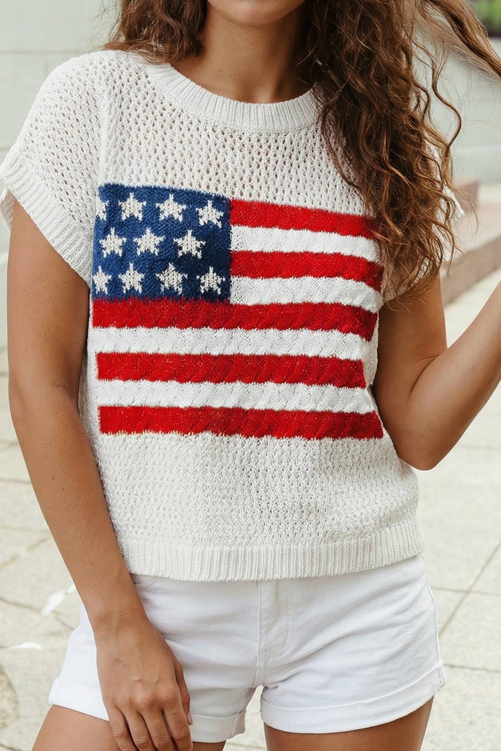 4th of July Flag  Short Sleeve Sweater Top