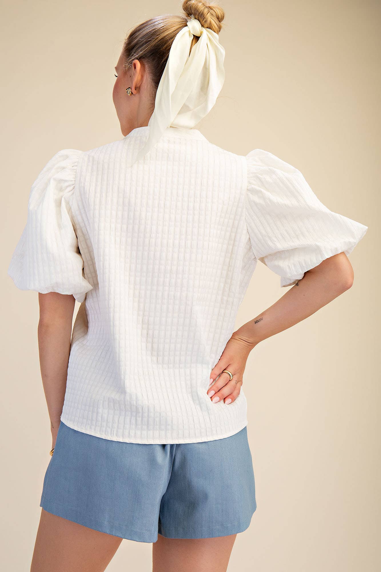 V-Neck Puff-Sleeve Textured Top