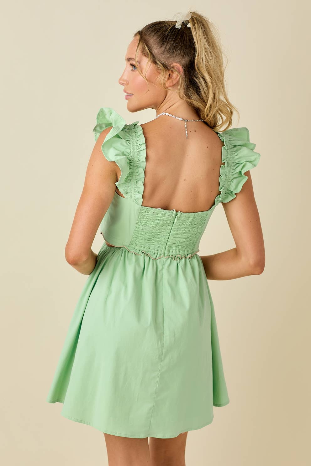 Scallop mini dress ruffled shoulder