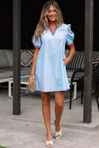 Contrast Striped V Neck Puff Sleeve Dress