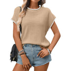 Crochet Trim Short Sleeve Knit Top for Women Summer Casual