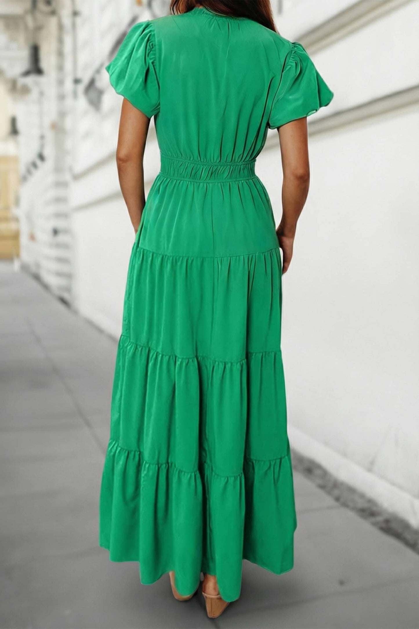 Green V Neck Puff Sleeve Maxi Dress