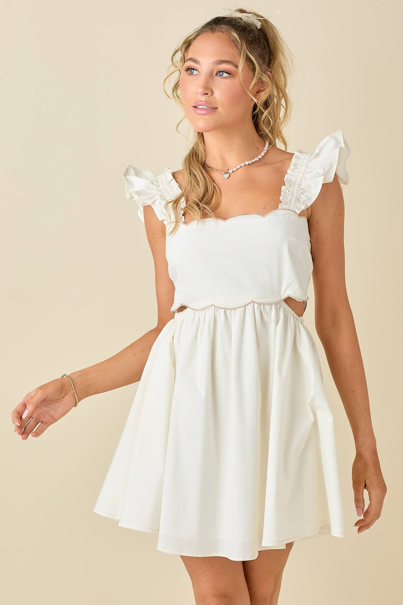 Scallop mini dress ruffled shoulder