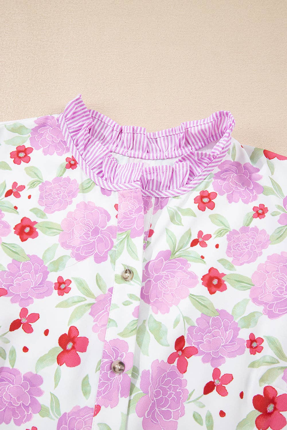 Pink Floral Print Striped Trim Frilled Dress