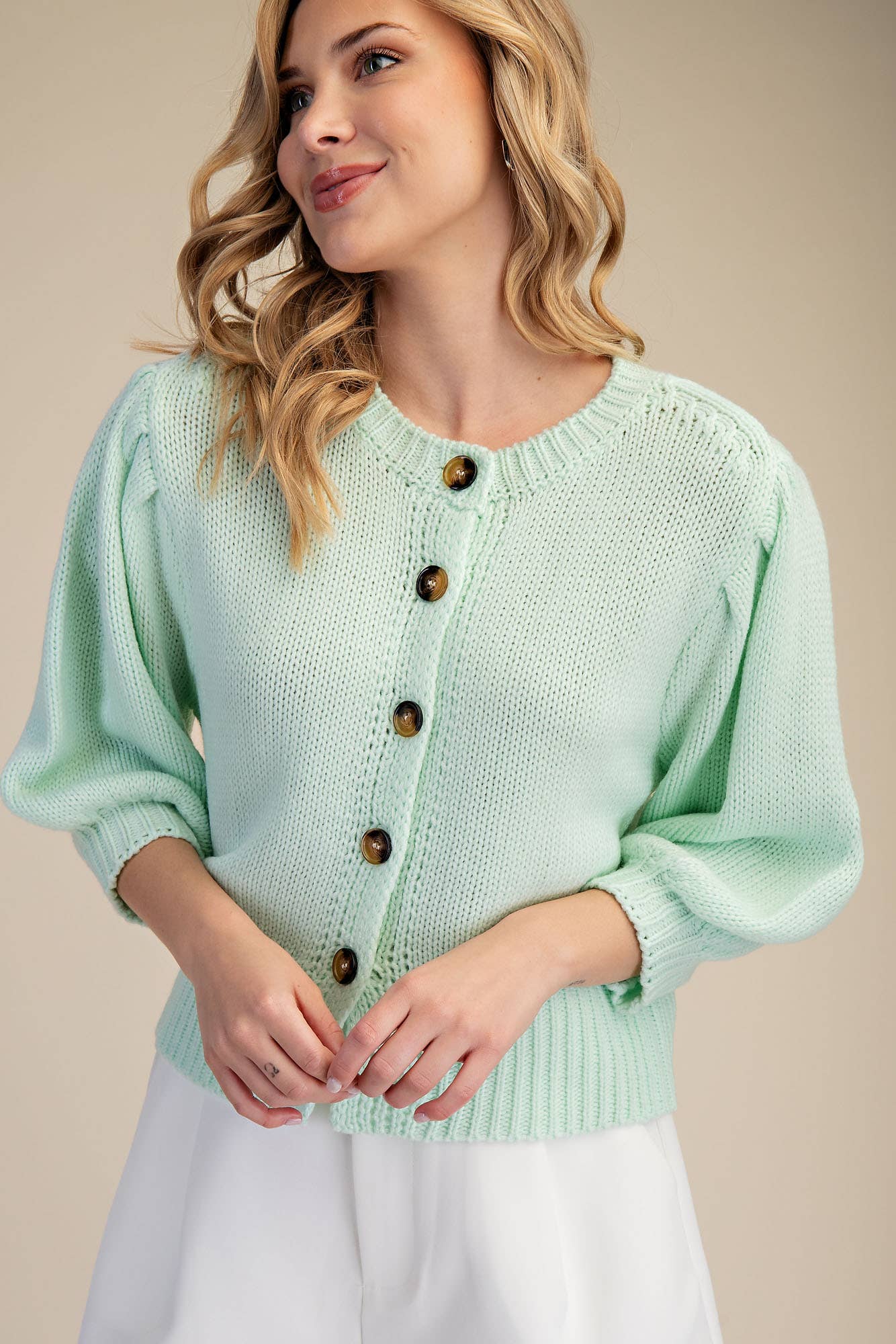 Short Puff Sleeve Button Down Sweater