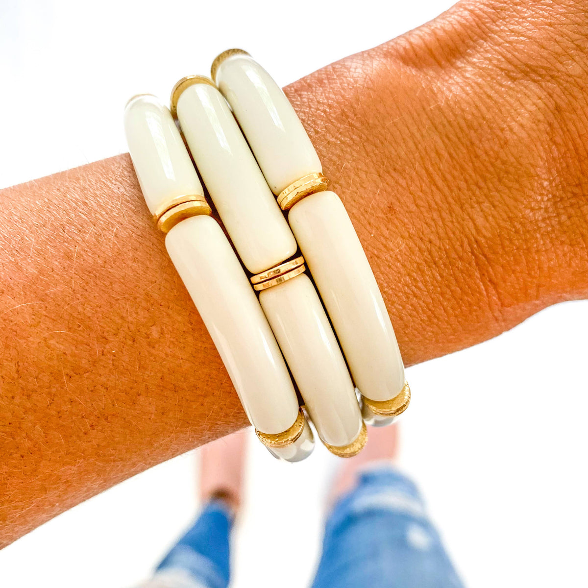 Ivory/Gold Acrylic Bamboo Bracelet