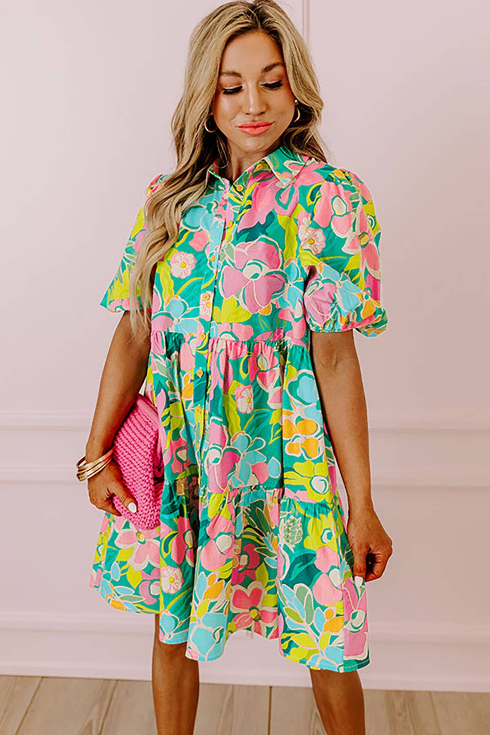 Floral Puff Sleeve Collar Buttoned Babydoll Dress: Green / 100%Polyester / XL