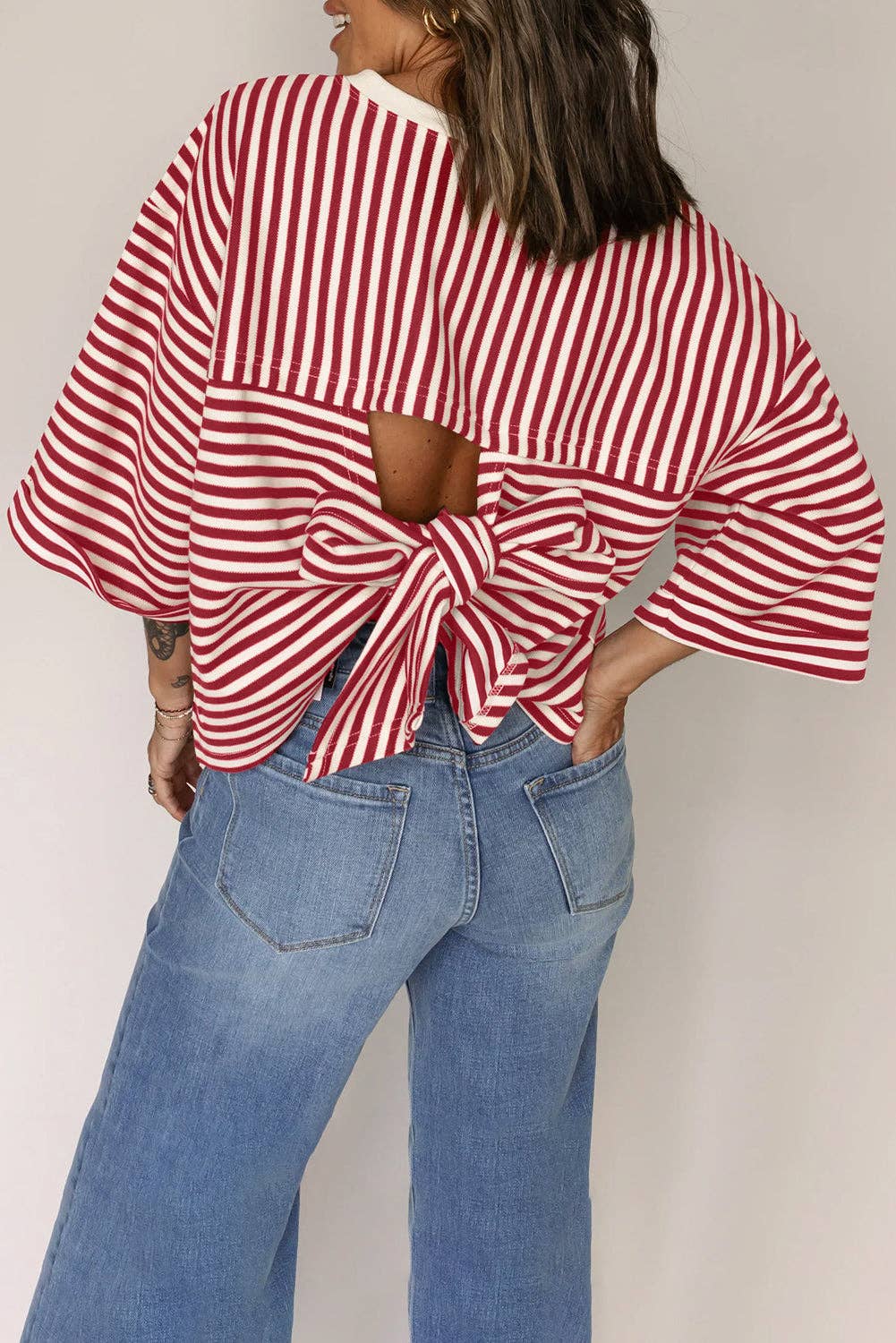 Red Stripe Bow Cutout Back Tee