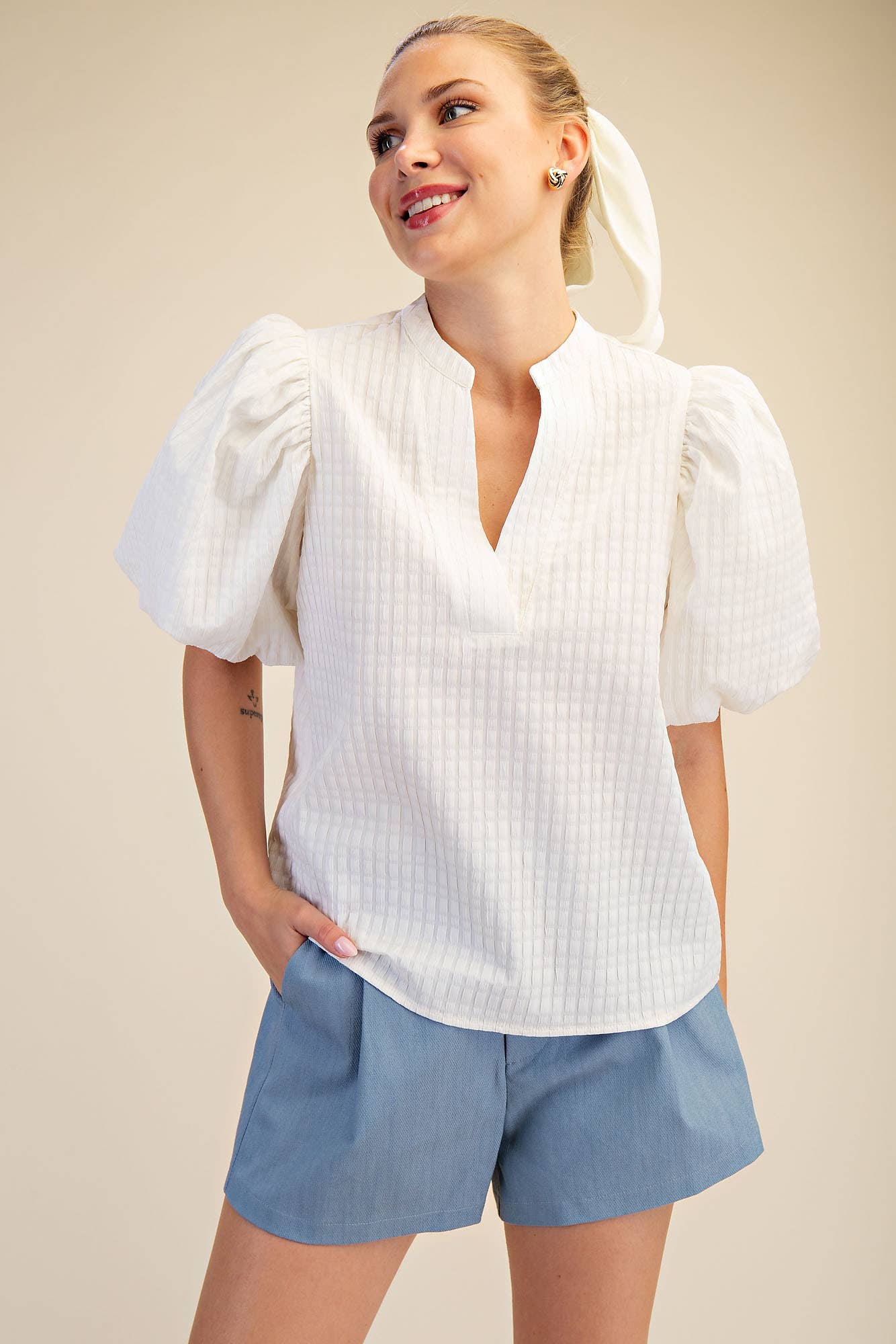 V-Neck Puff-Sleeve Textured Top