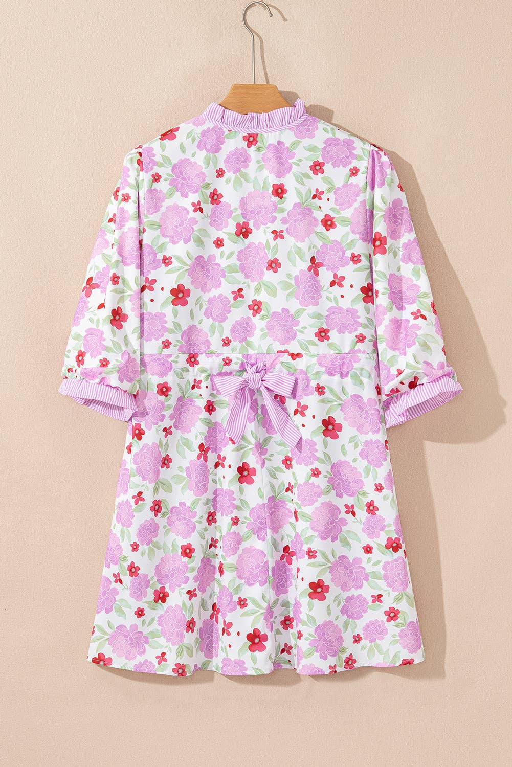 Pink Floral Print Striped Trim Frilled Dress