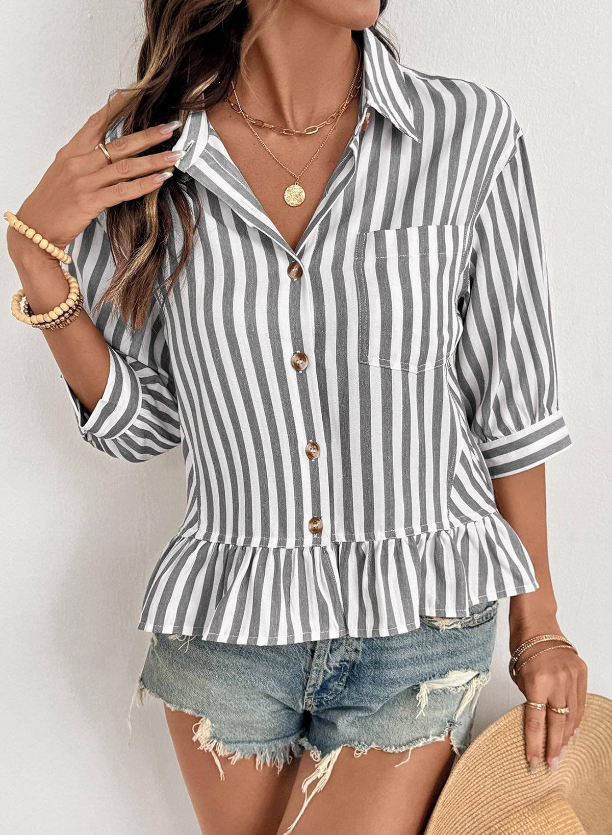 Striped Ruffle Hem 3/4 Sleeve Blouse