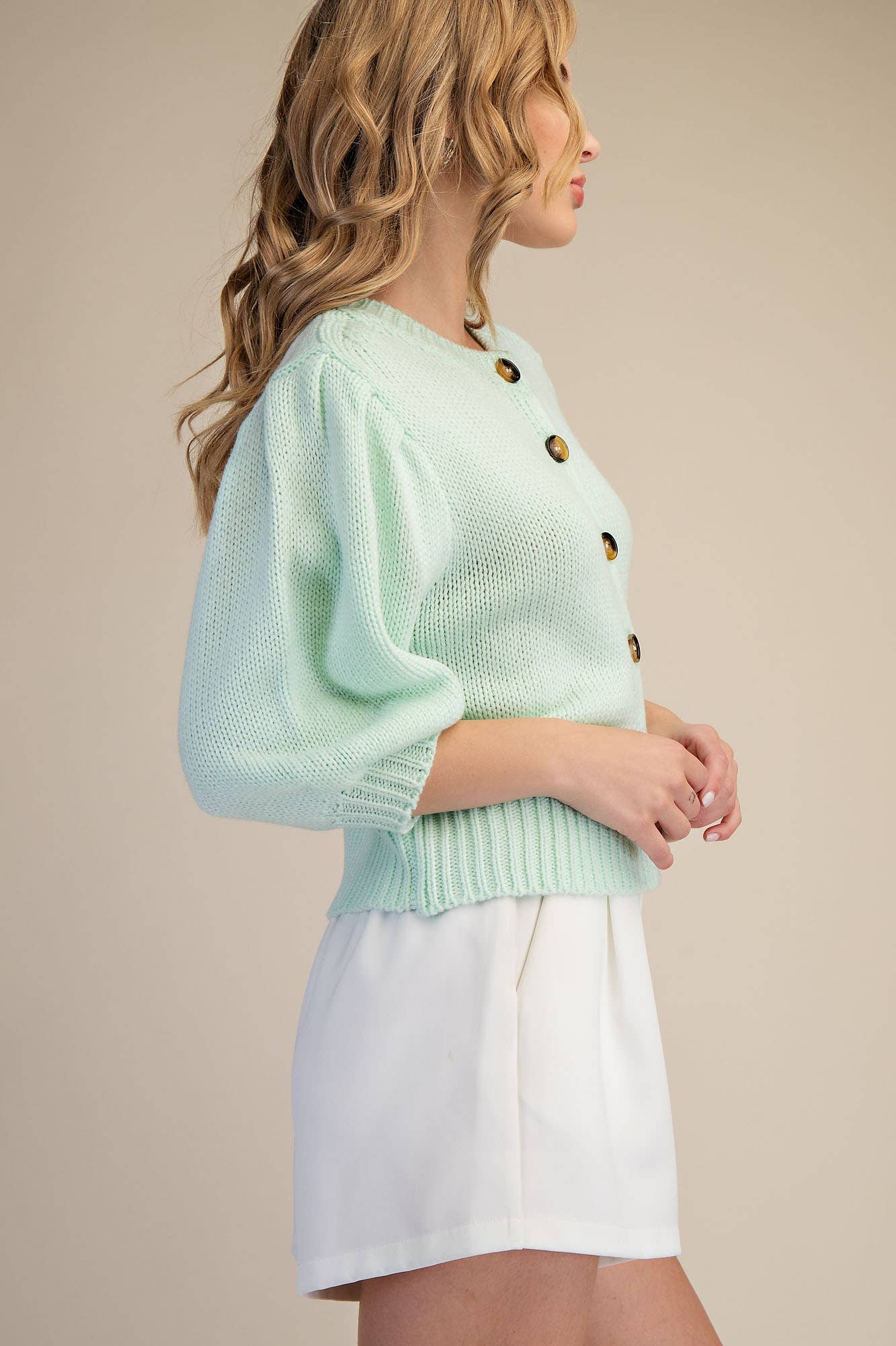 Short Puff Sleeve Button Down Sweater
