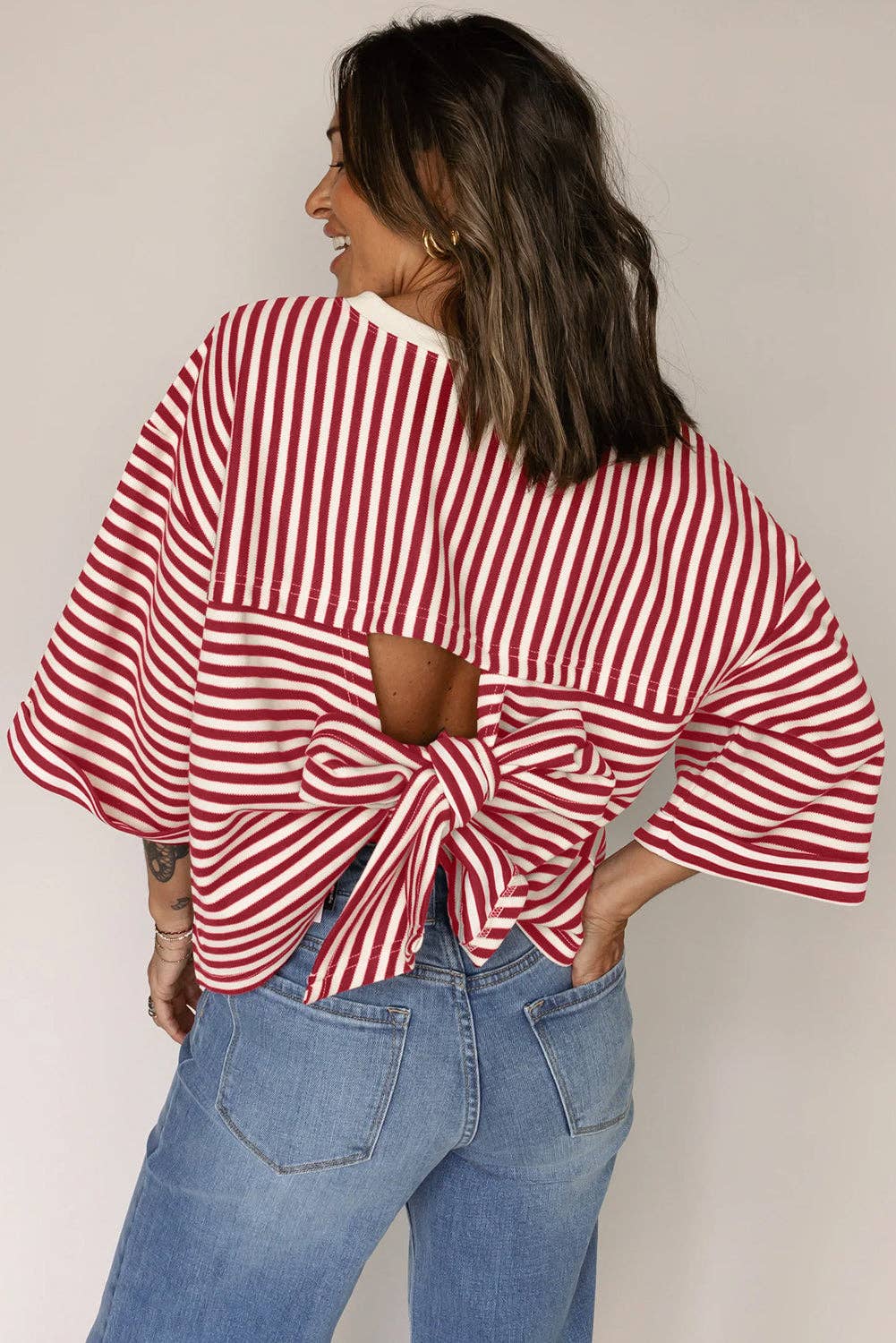 Red Stripe Bow Cutout Back Tee