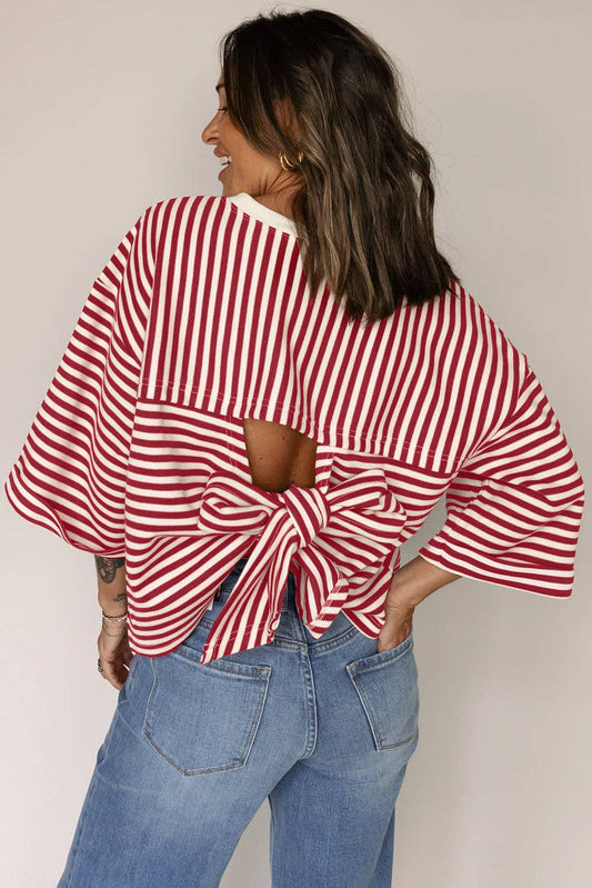 Red Stripe Bow Cutout Back Tee