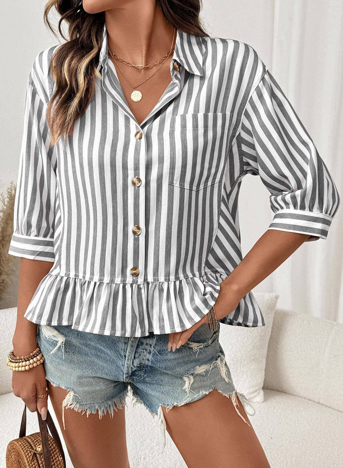 Striped Ruffle Hem 3/4 Sleeve Blouse