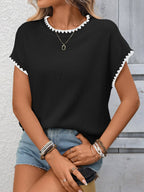 Crochet Trim Short Sleeve Knit Top for Women Summer Casual