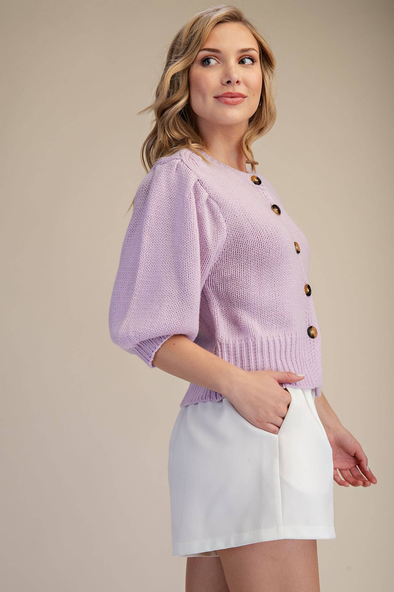 Short Puff Sleeve Button Down Sweater