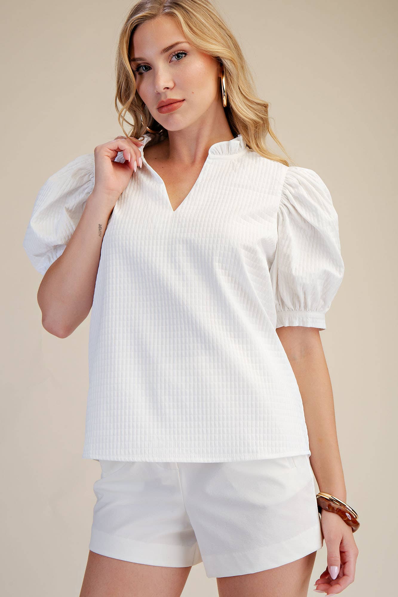 Ruffle V-Neck Puff Sleeve Top