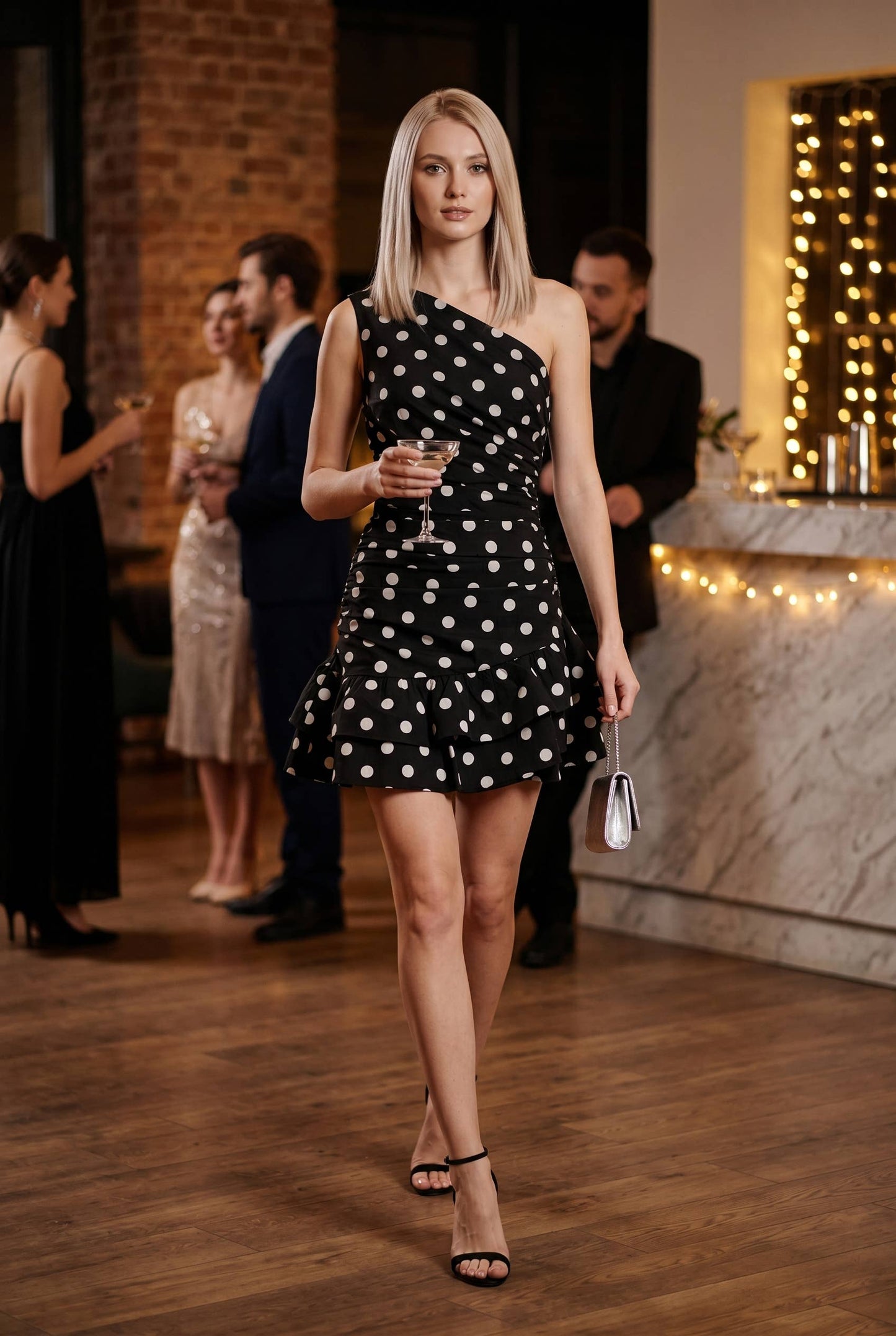 Asymmetrical Ruffle hem Dot One Shoulder Mini Dress