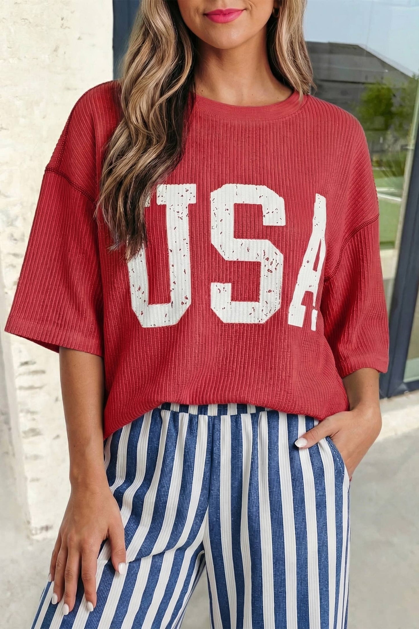 USA Graphic Half Sleeve Ribbed Top