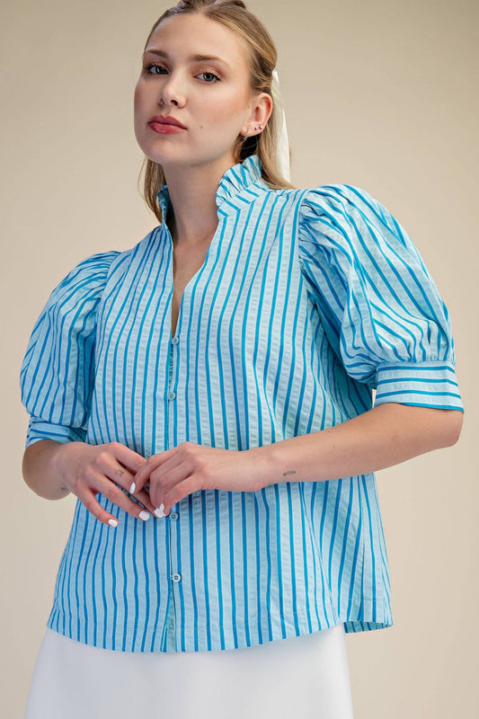 Ruffle V-neck Puff Sleeve Button Down Shirt