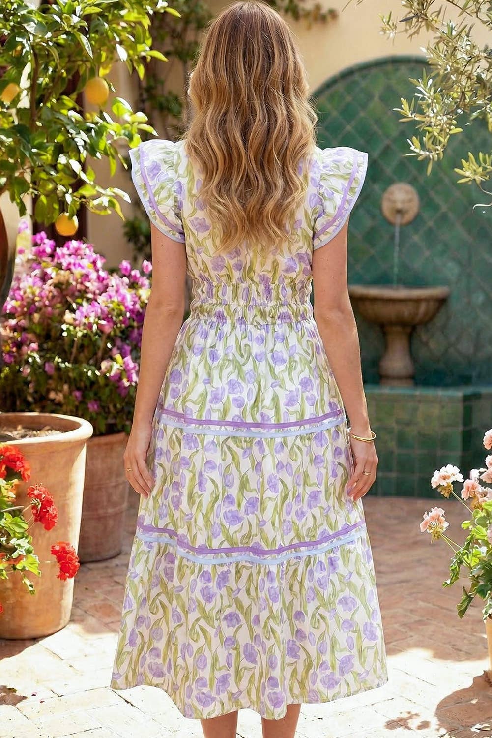 Floral Sleeve V-Neck Smocked Dress