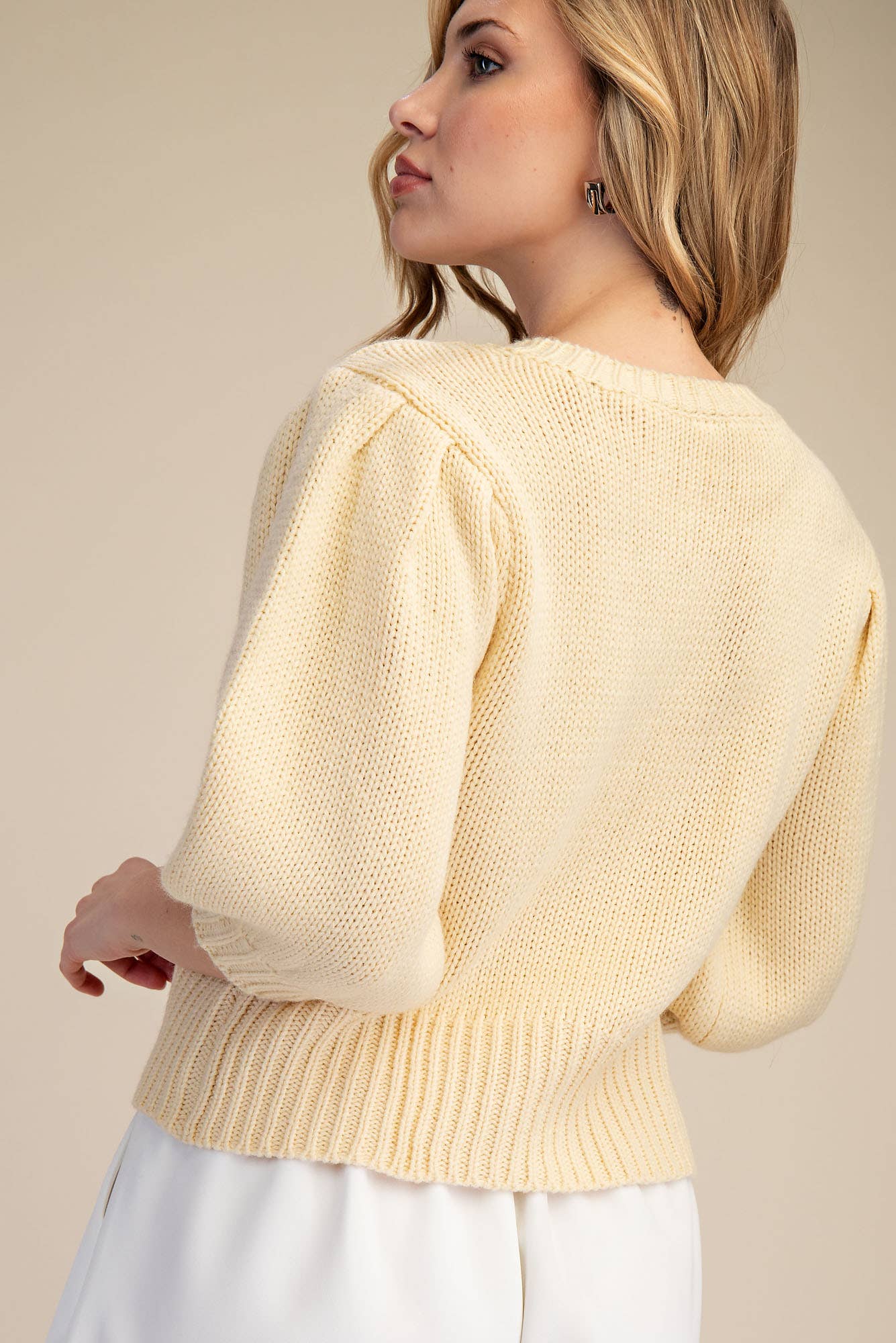 Short Puff Sleeve Button Down Sweater