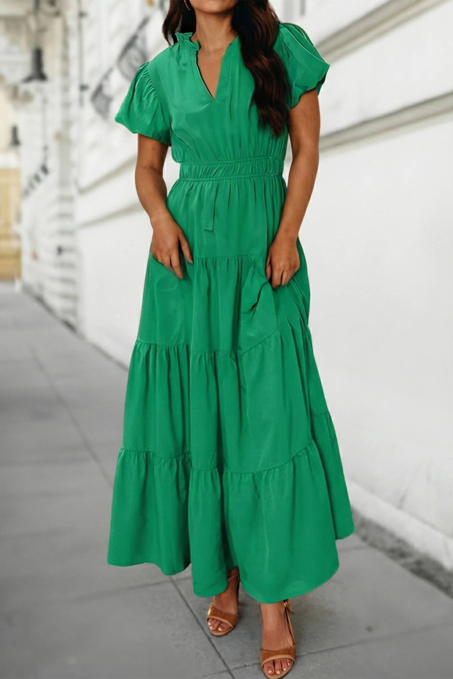 Green V Neck Puff Sleeve Maxi Dress