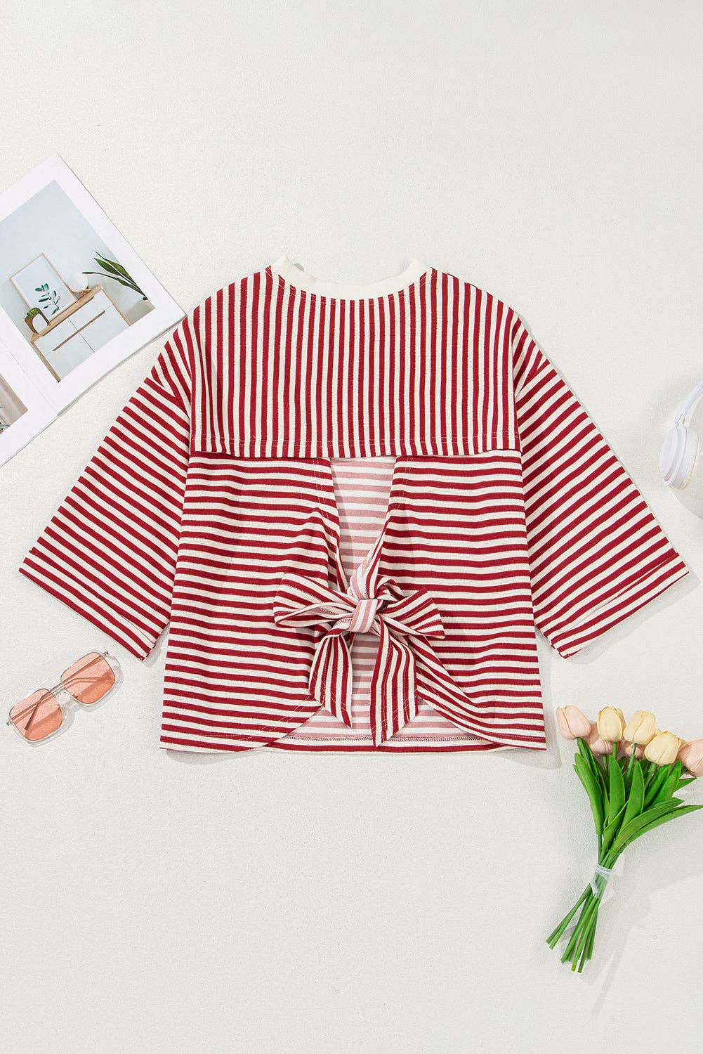 Red Stripe Bow Cutout Back Tee