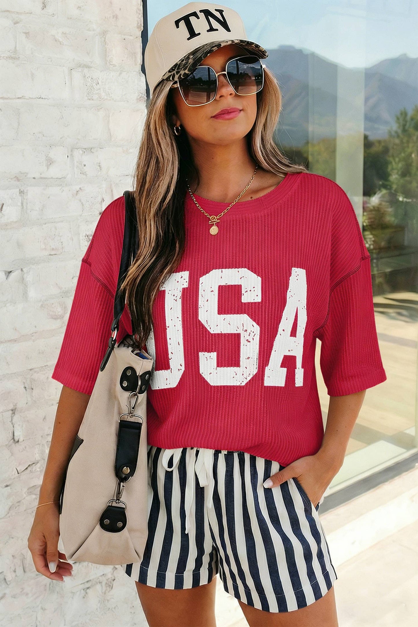 USA Graphic Half Sleeve Ribbed Top