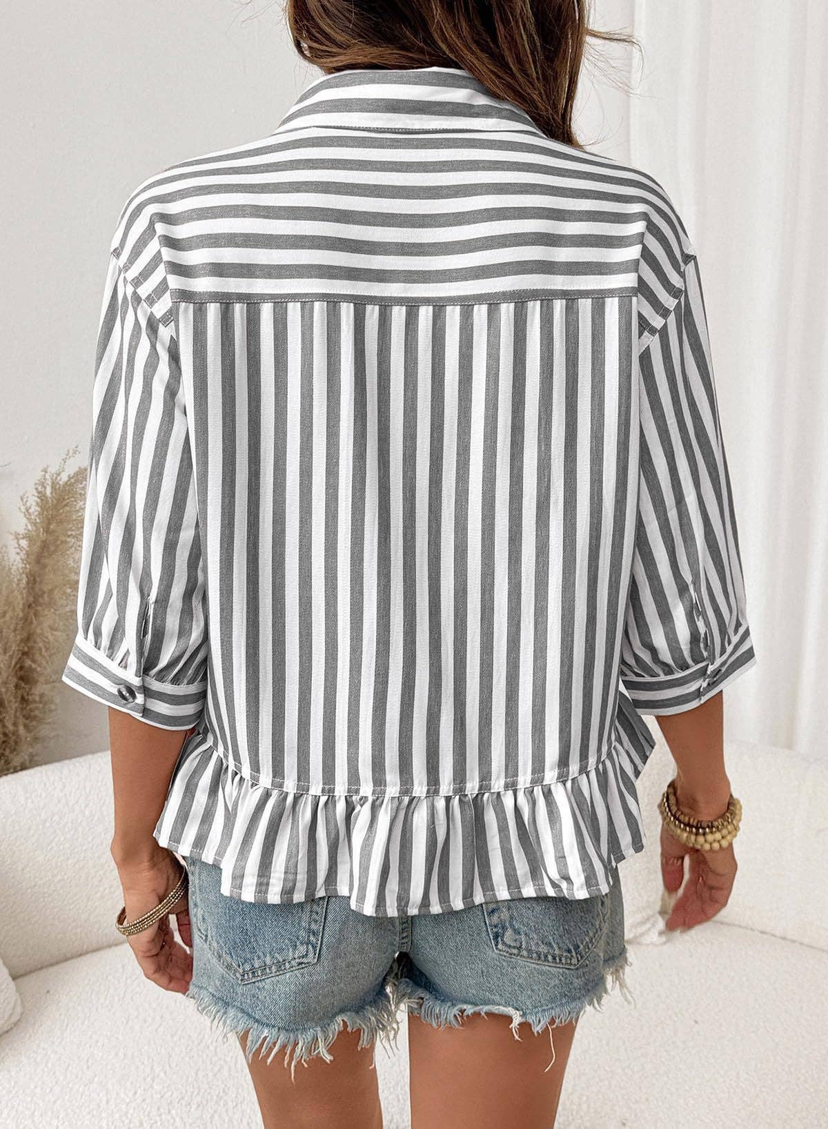 Striped Ruffle Hem 3/4 Sleeve Blouse