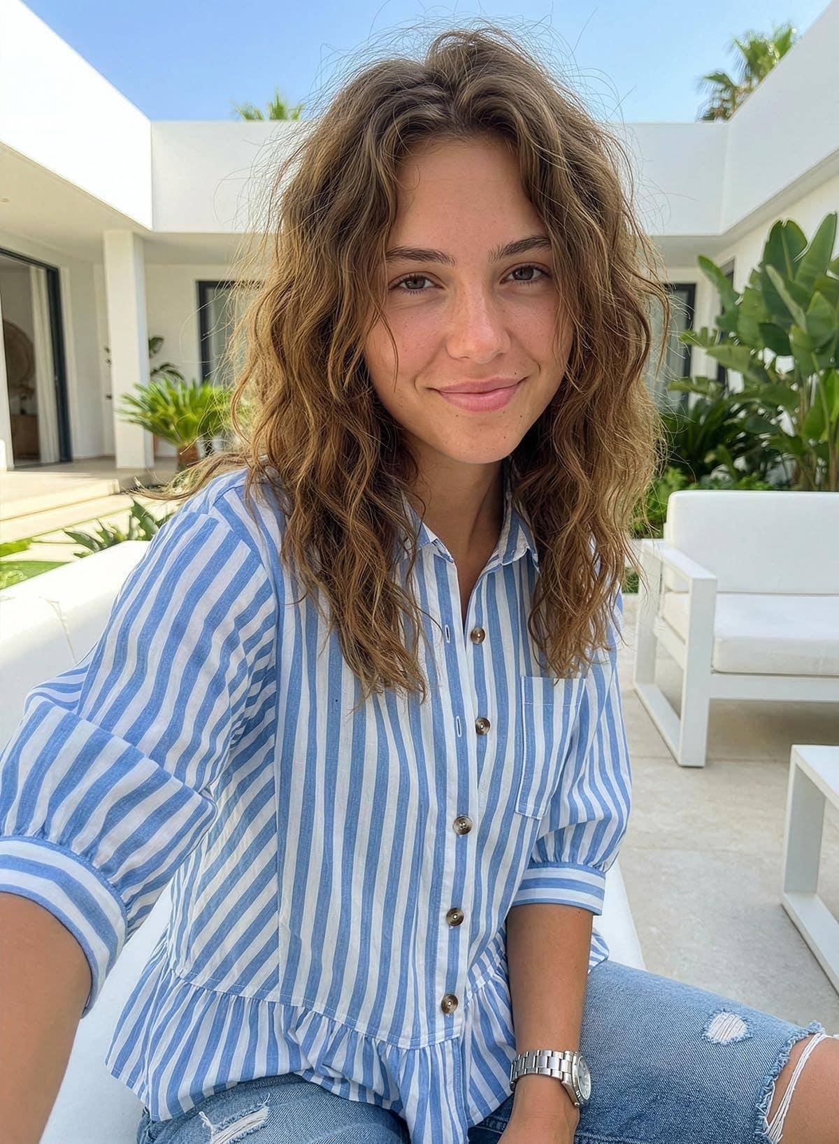 Striped Ruffle Hem 3/4 Sleeve Blouse