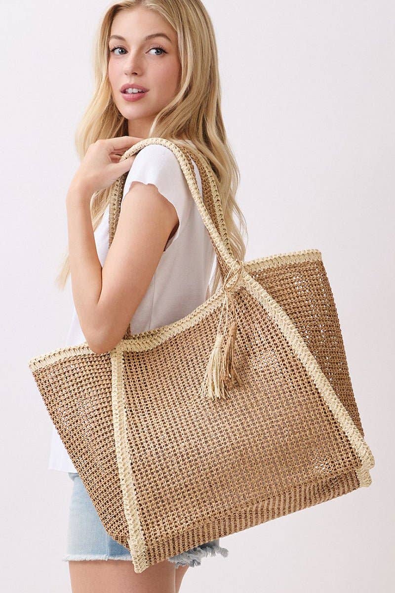 Island Escape Tan Two-Tone Woven Straw Tassel Tote