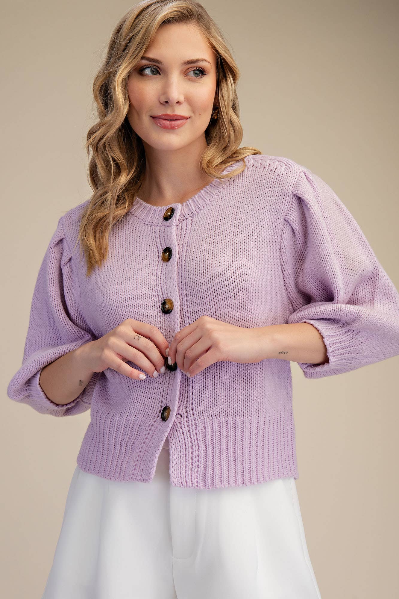 Short Puff Sleeve Button Down Sweater