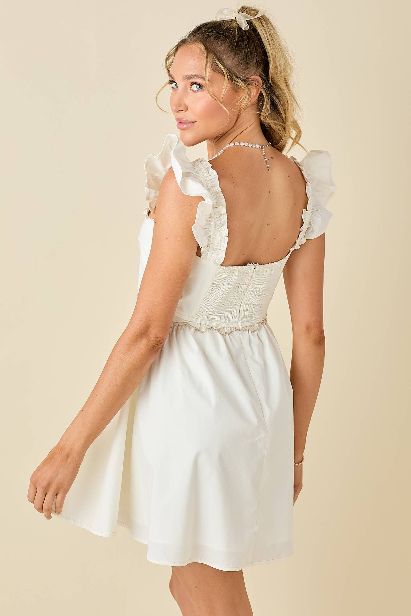 Scallop mini dress ruffled shoulder