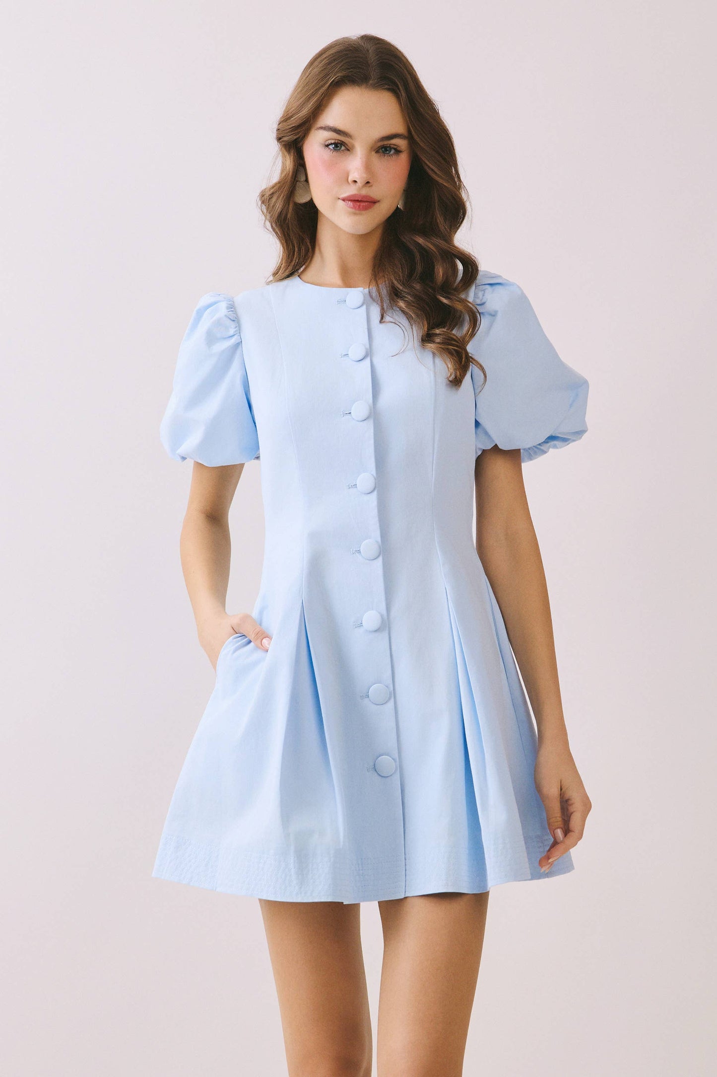 Voluminous Puff Sleeves Covered Button Down Dress