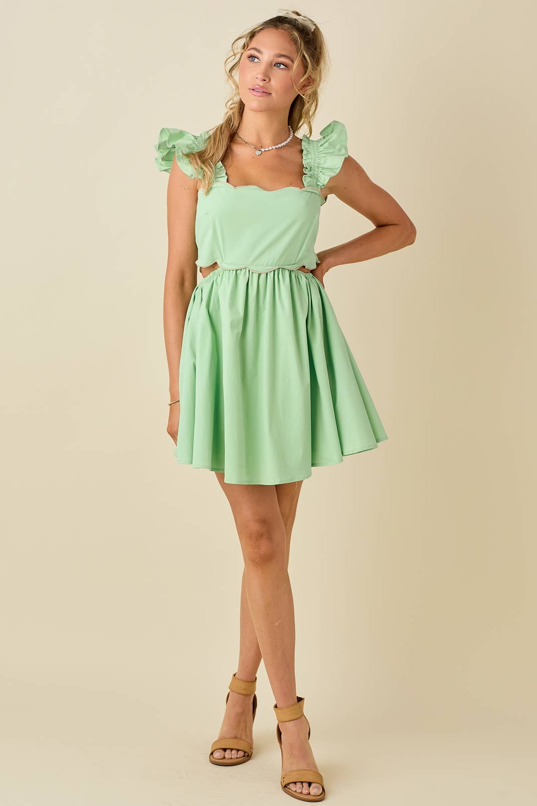 Scallop mini dress ruffled shoulder